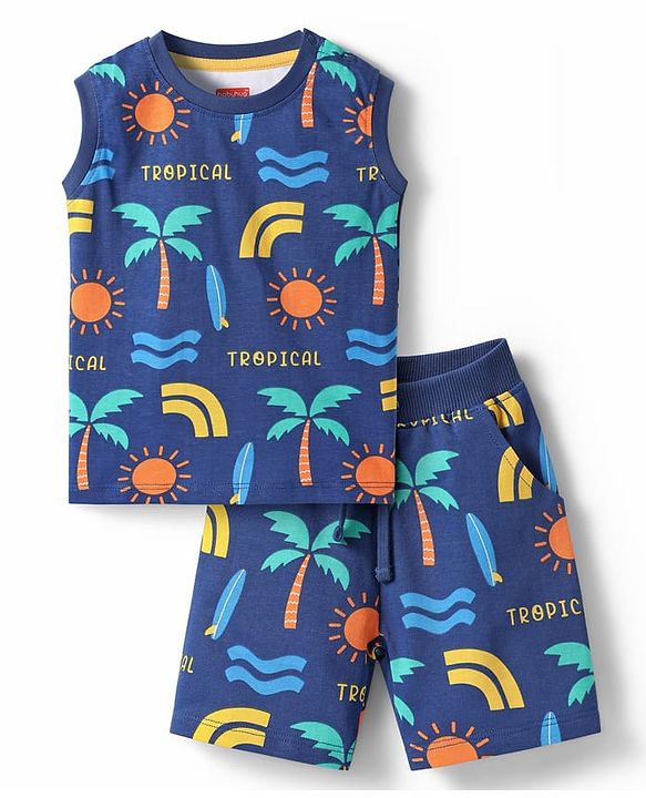 Babyhug Single Jersey Knit Sleeveless Co-ords Tank T-Shirt & Shorts Set with Beach Theme Print - Navy Blue