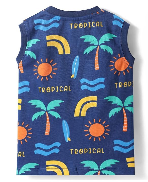 Babyhug Single Jersey Knit Sleeveless Co-ords Tank T-Shirt & Shorts Set with Beach Theme Print - Navy Blue