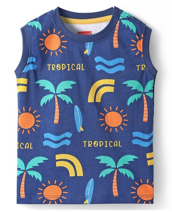 Babyhug Single Jersey Knit Sleeveless Co-ords Tank T-Shirt & Shorts Set with Beach Theme Print - Navy Blue