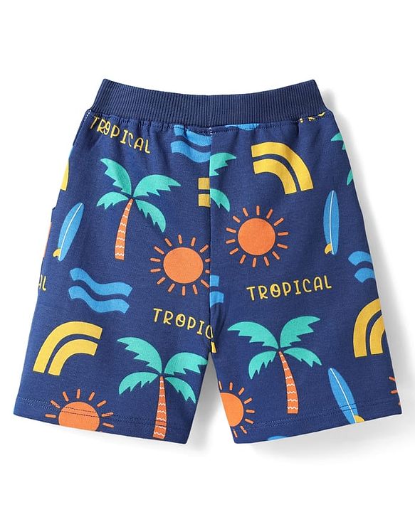 Babyhug Single Jersey Knit Sleeveless Co-ords Tank T-Shirt & Shorts Set with Beach Theme Print - Navy Blue