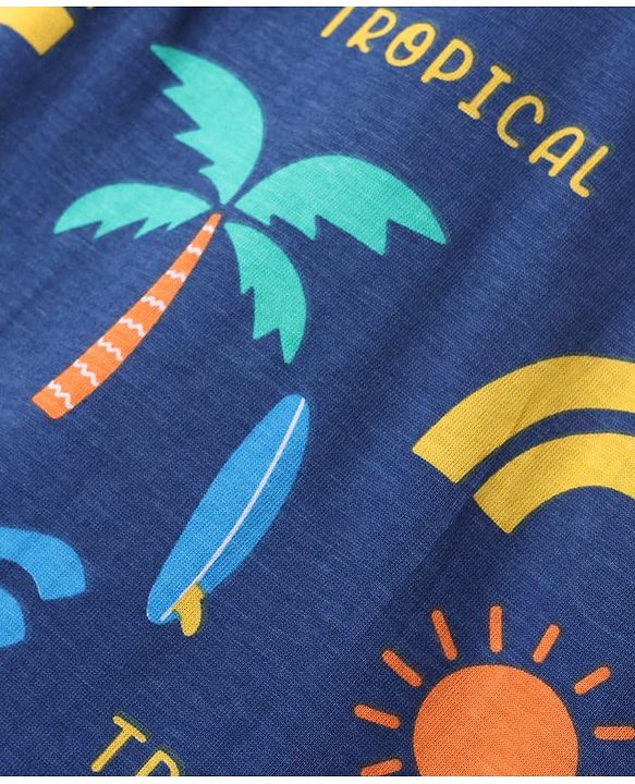 Babyhug Single Jersey Knit Sleeveless Co-ords Tank T-Shirt & Shorts Set with Beach Theme Print - Navy Blue