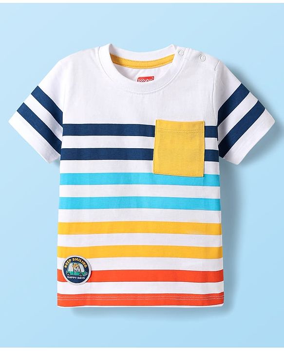 Babyhug Single Jersey Knit Half Sleeves Striped T-Shirt & Shorts Set With Animal Patch & Pocket Detailing - White & Blue