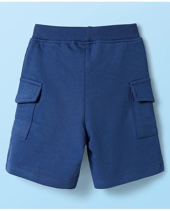 Babyhug Single Jersey Knit Half Sleeves Striped T-Shirt & Shorts Set With Animal Patch & Pocket Detailing - White & Blue