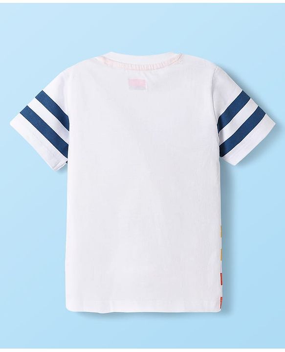 Babyhug Single Jersey Knit Half Sleeves Striped T-Shirt & Shorts Set With Animal Patch & Pocket Detailing - White & Blue