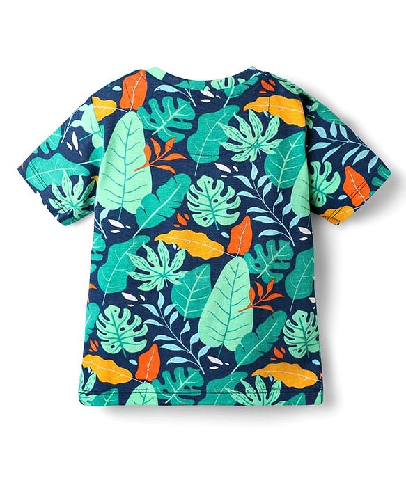 Babyhug Single Jersey Knit Half Sleeves T-Shirt & Shorts Co-Ord Set With Leaf Print - Navy Blue