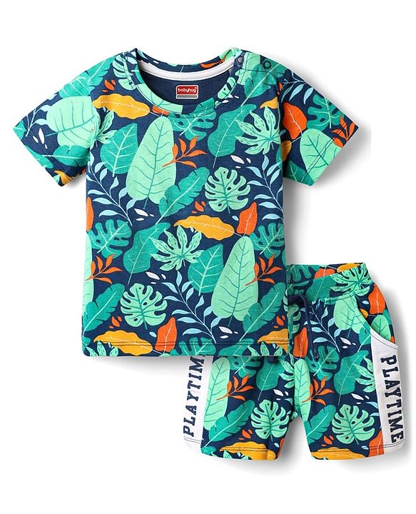 Babyhug Single Jersey Knit Half Sleeves T-Shirt & Shorts Co-Ord Set With Leaf Print - Navy Blue