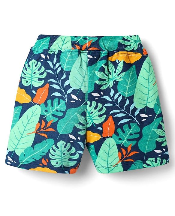 Babyhug Single Jersey Knit Half Sleeves T-Shirt & Shorts Co-Ord Set With Leaf Print - Navy Blue
