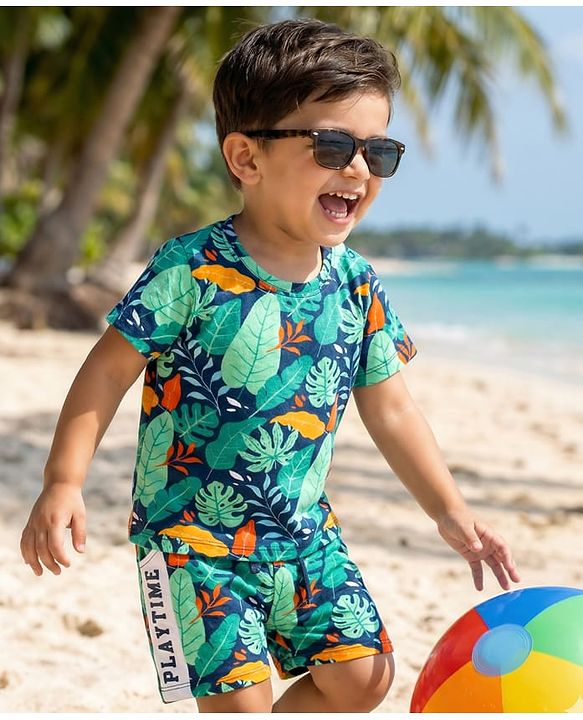 Babyhug Single Jersey Knit Half Sleeves T-Shirt & Shorts Co-Ord Set With Leaf Print - Navy Blue