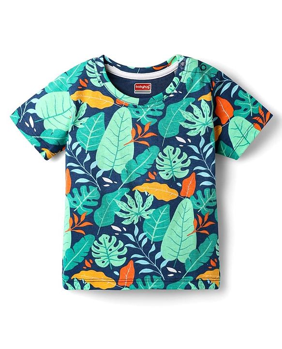 Babyhug Single Jersey Knit Half Sleeves T-Shirt & Shorts Co-Ord Set With Leaf Print - Navy Blue