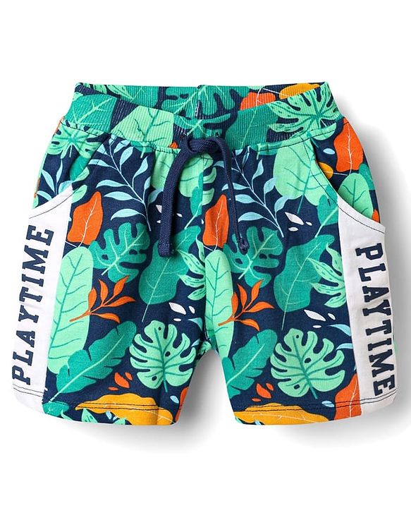 Babyhug Single Jersey Knit Half Sleeves T-Shirt & Shorts Co-Ord Set With Leaf Print - Navy Blue