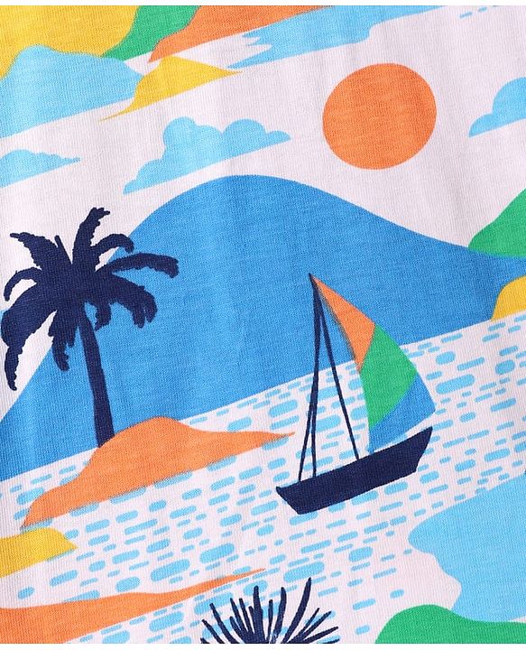 Babyhug Single Jersey Knit Half Sleeves Polo T-Shirt & Shorts With Beach Theme Print - Navy Blue