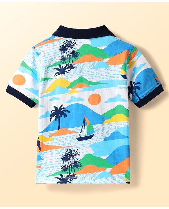 Babyhug Single Jersey Knit Half Sleeves Polo T-Shirt & Shorts With Beach Theme Print - Navy Blue
