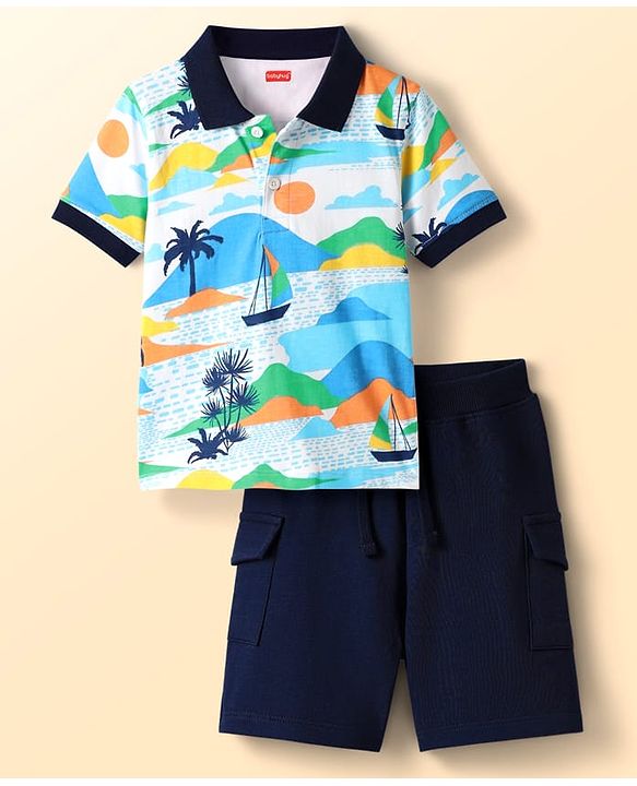 Babyhug Single Jersey Knit Half Sleeves Polo T-Shirt & Shorts With Beach Theme Print - Navy Blue