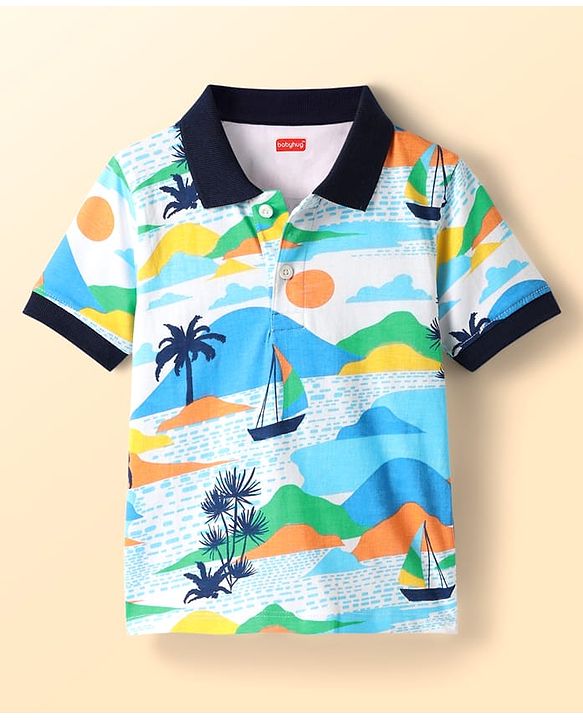 Babyhug Single Jersey Knit Half Sleeves Polo T-Shirt & Shorts With Beach Theme Print - Navy Blue