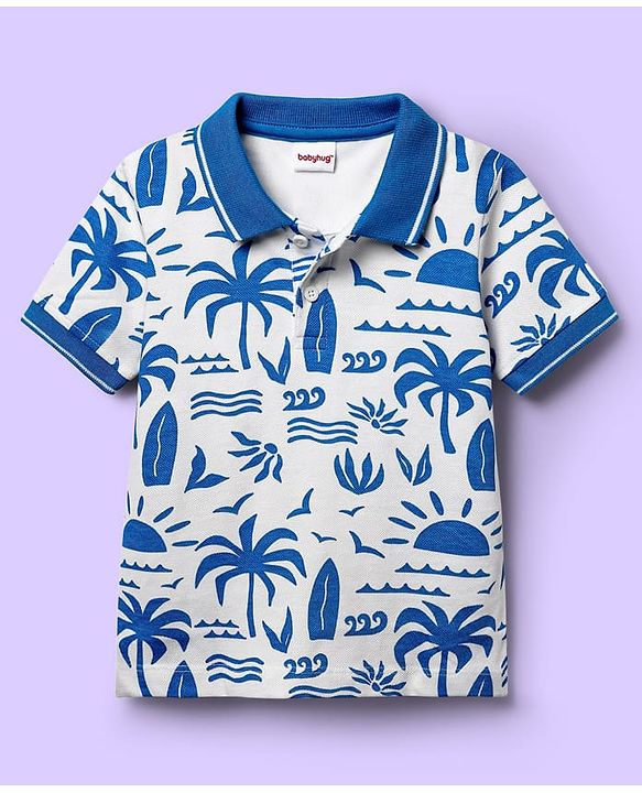 Babyhug Single Jersey Knit Half Sleeves Polo T-Shirt & Shorts Set With Tree Print - White & Blue