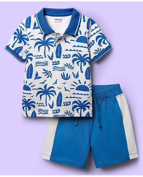Babyhug Single Jersey Knit Half Sleeves Polo T-Shirt & Shorts Set With Tree Print - White & Blue