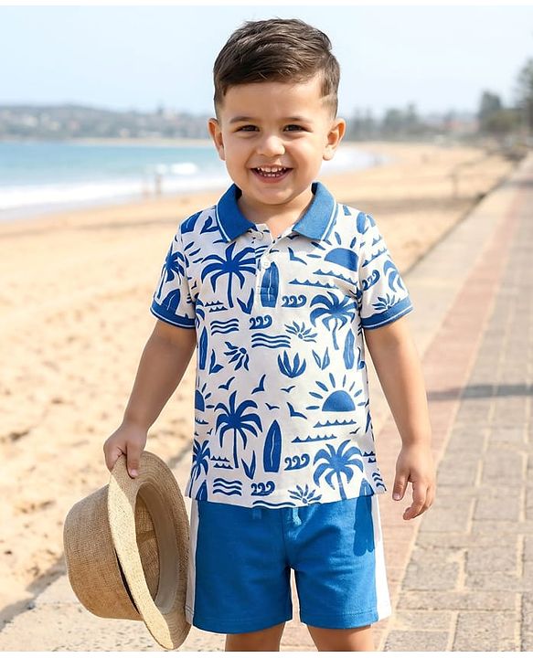 Babyhug Single Jersey Knit Half Sleeves Polo T-Shirt & Shorts Set With Tree Print - White & Blue