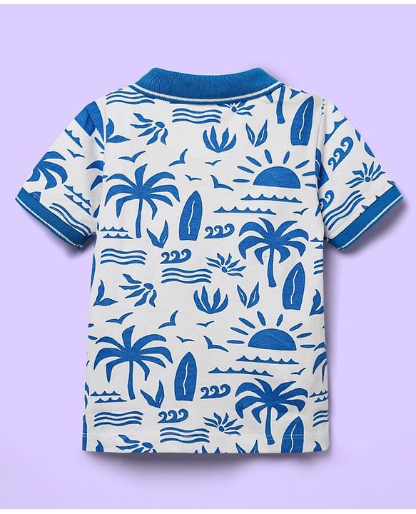 Babyhug Single Jersey Knit Half Sleeves Polo T-Shirt & Shorts Set With Tree Print - White & Blue