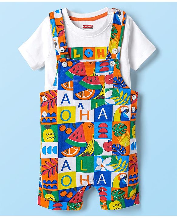 Babyhug Single Jersey Knit Half Sleeves T-Shirt & Dungree With Tropical & Text Print - White