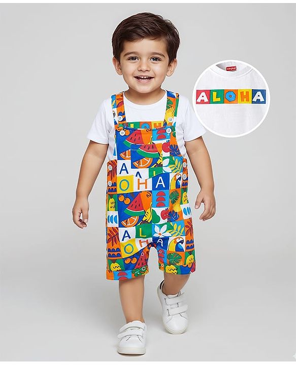 Babyhug Single Jersey Knit Half Sleeves T-Shirt & Dungree With Tropical & Text Print - White