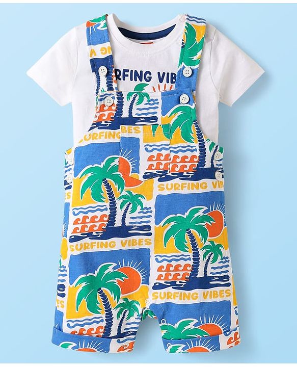 Babyhug Single Jersey Knit Beach Theme Printed Dungaree & Half Sleeves T-Shirt - White