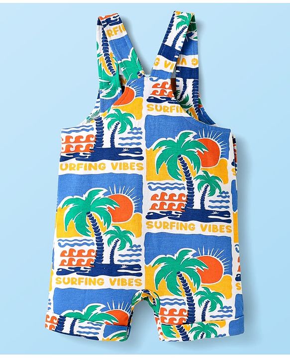 Babyhug Single Jersey Knit Beach Theme Printed Dungaree & Half Sleeves T-Shirt - White