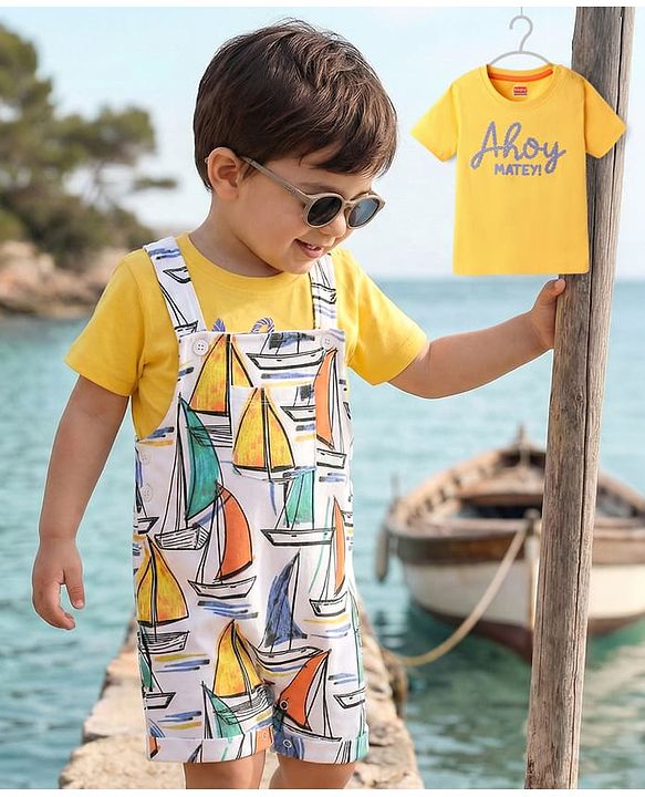 Babyhug Single Jersey Knit Ship Printed Dungaree Half Sleeves Inner Tee - Yellow