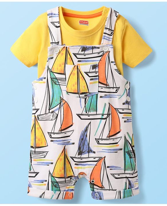 Babyhug Single Jersey Knit Ship Printed Dungaree Half Sleeves Inner Tee - Yellow
