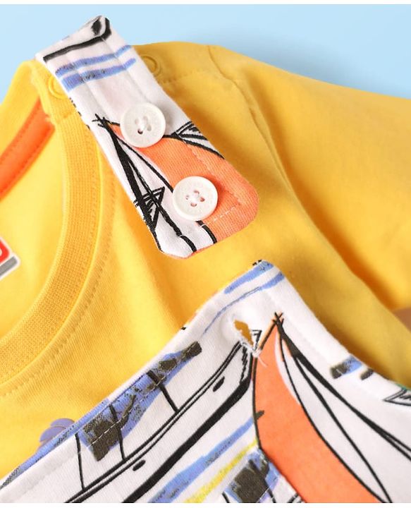 Babyhug Single Jersey Knit Ship Printed Dungaree Half Sleeves Inner Tee - Yellow