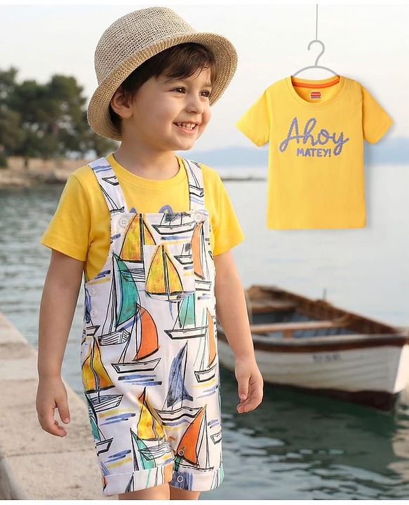 Babyhug Single Jersey Knit Ship Printed Dungaree Half Sleeves Inner Tee - Yellow
