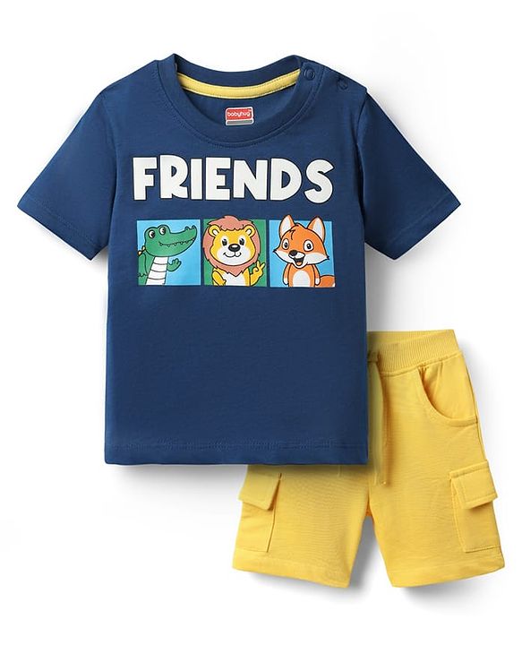 Babyhug Single Jersey Knit Half Sleeves T-Shirt & Shorts Set With Animal Print - Blue & Yellow