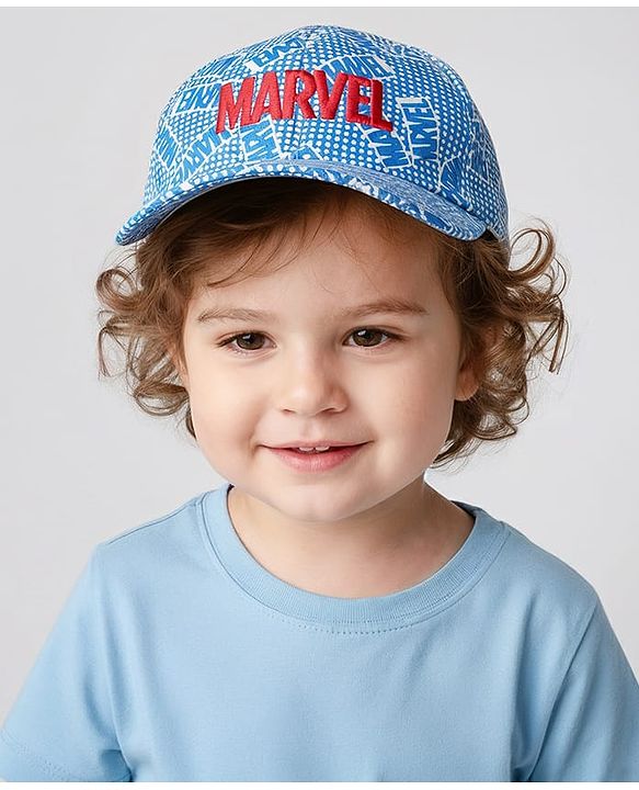 Pine Kids Marvel Cotton Woven Summer Cap with Avengers Print & Badge Detailing Light Blue - Diameter 53 cm