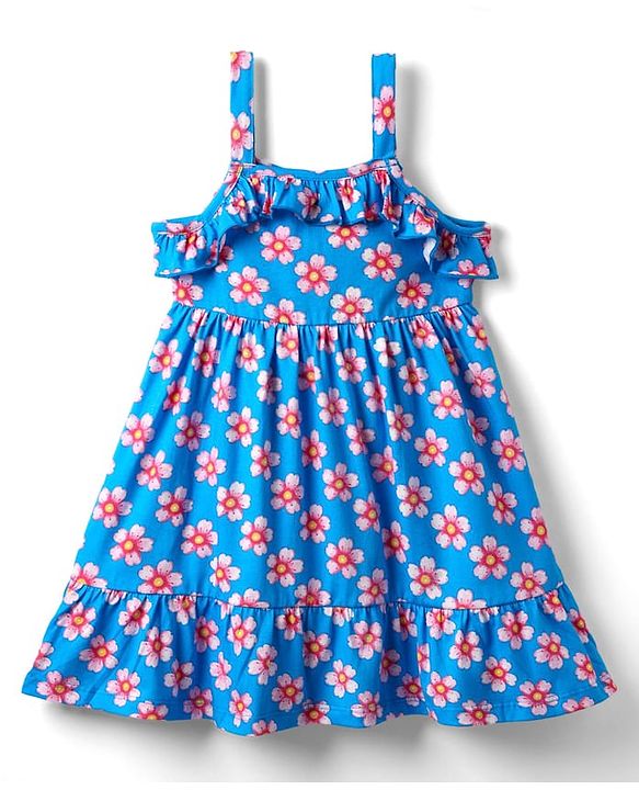 Babyhug Single Jersey Knit Sleeveless Frock With Floral Print & Frill Detailing - Blue