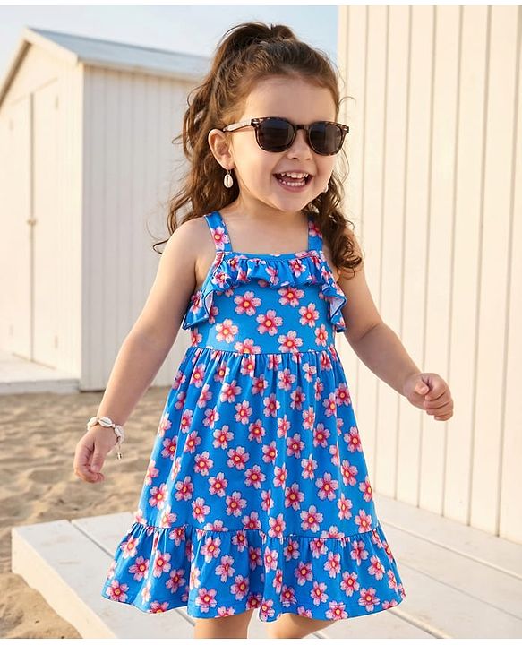 Babyhug Single Jersey Knit Sleeveless Frock With Floral Print & Frill Detailing - Blue