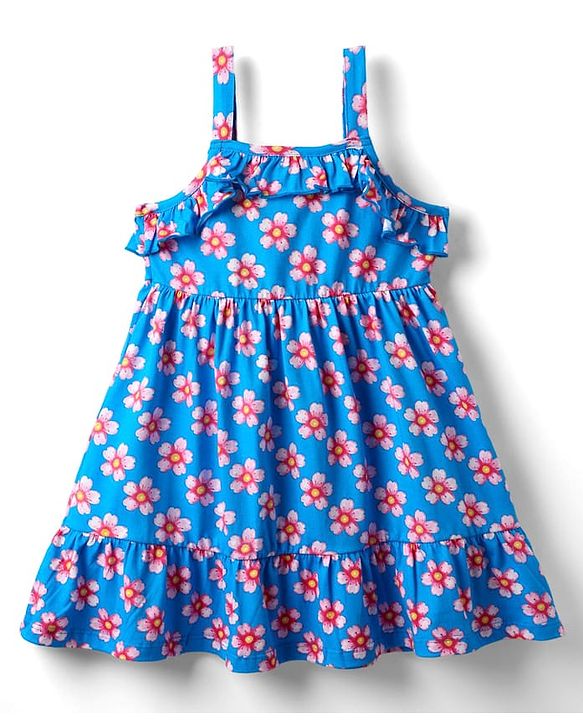 Babyhug Single Jersey Knit Sleeveless Frock With Floral Print & Frill Detailing - Blue