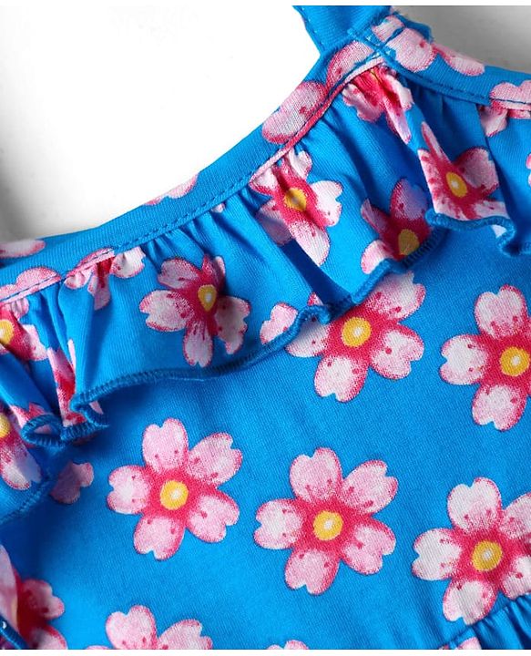 Babyhug Single Jersey Knit Sleeveless Frock With Floral Print & Frill Detailing - Blue