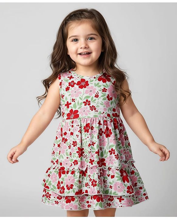 Babyhug Single Jersey Knit Sleeveless Frock With Floral Print - White