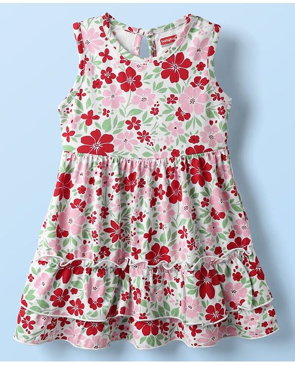 Babyhug Single Jersey Knit Sleeveless Frock With Floral Print - White