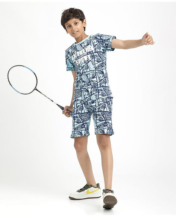 Pine Kids Single Jersey Knit Half Sleeves Co-Ords Shorts Night Suit With Extreme Sport Theme Text Print- Blue