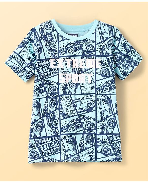 Pine Kids Single Jersey Knit Half Sleeves Co-Ords Shorts Night Suit With Extreme Sport Theme Text Print- Blue