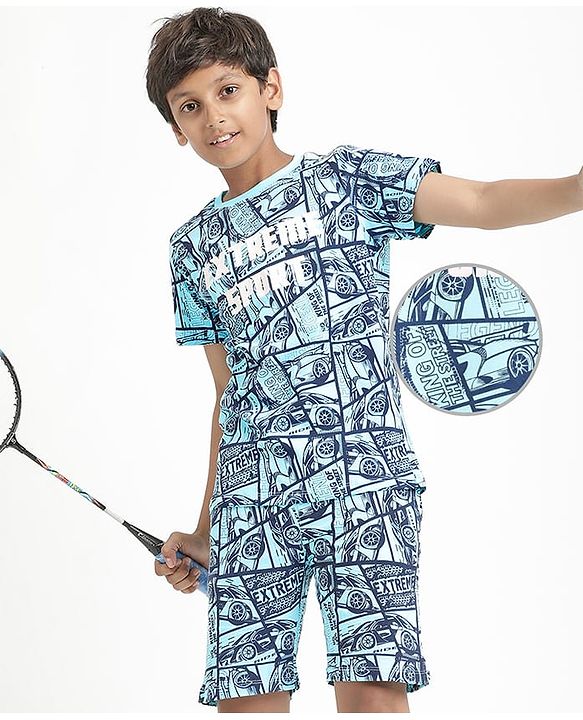 Pine Kids Single Jersey Knit Half Sleeves Co-Ords Shorts Night Suit With Extreme Sport Theme Text Print- Blue
