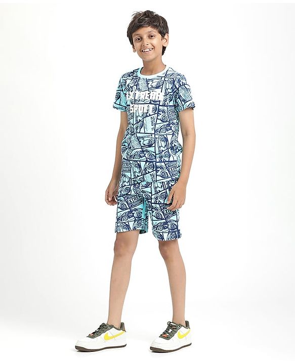 Pine Kids Single Jersey Knit Half Sleeves Co-Ords Shorts Night Suit With Extreme Sport Theme Text Print- Blue