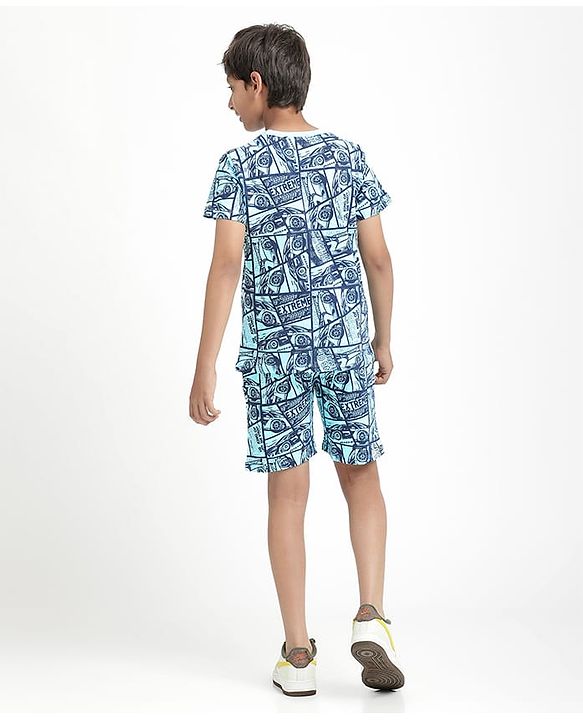 Pine Kids Single Jersey Knit Half Sleeves Co-Ords Shorts Night Suit With Extreme Sport Theme Text Print- Blue