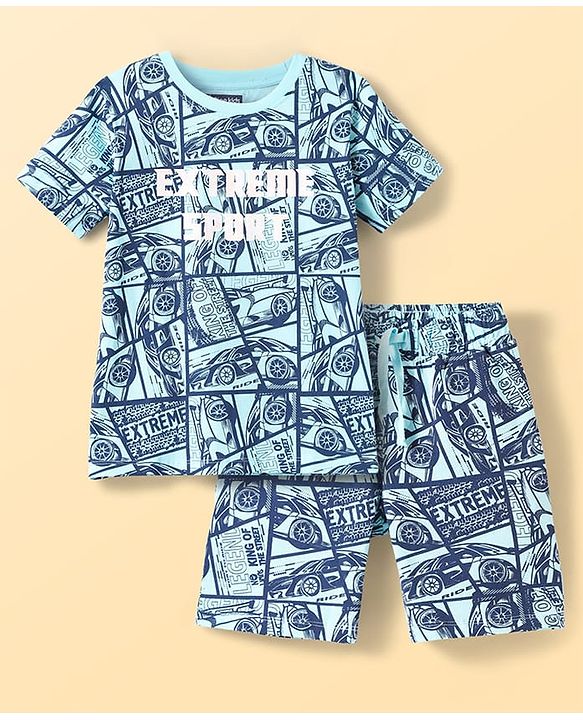 Pine Kids Single Jersey Knit Half Sleeves Co-Ords Shorts Night Suit With Extreme Sport Theme Text Print- Blue