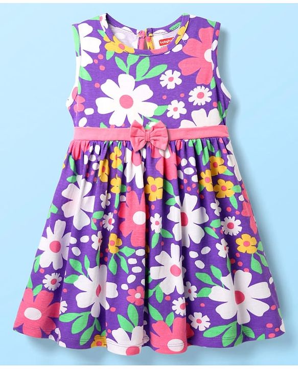Babyhug Single Jersey Knit Sleeveless Frock & Bloomer with Floral Print & Bow Applique - Purple