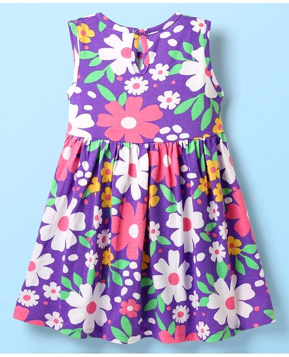 Babyhug Single Jersey Knit Sleeveless Frock & Bloomer with Floral Print & Bow Applique - Purple