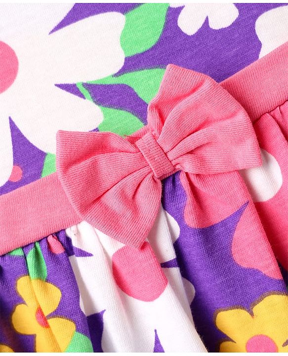 Babyhug Single Jersey Knit Sleeveless Frock & Bloomer with Floral Print & Bow Applique - Purple