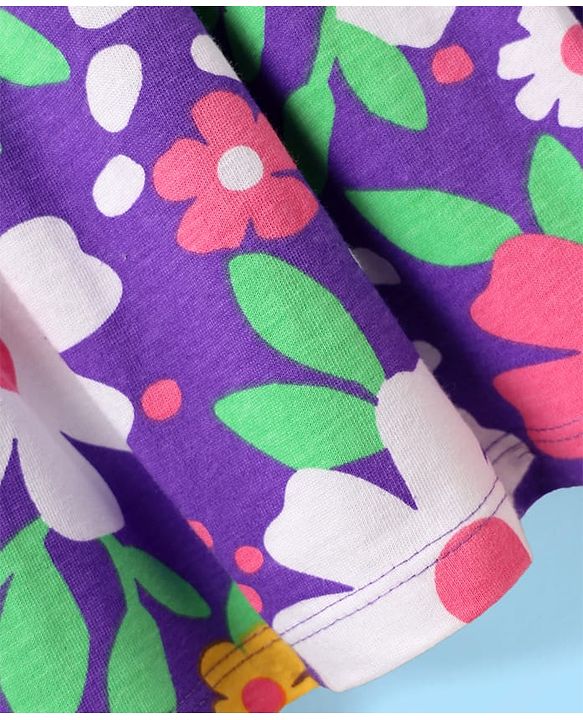 Babyhug Single Jersey Knit Sleeveless Frock & Bloomer with Floral Print & Bow Applique - Purple