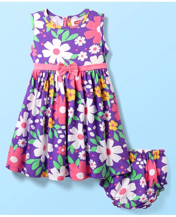Babyhug Single Jersey Knit Sleeveless Frock & Bloomer with Floral Print & Bow Applique - Purple