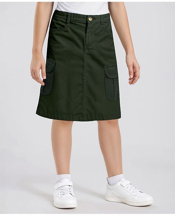 Pine Kids Cotton Woven Mid Calf Solid Skirt - Dark Olive Green